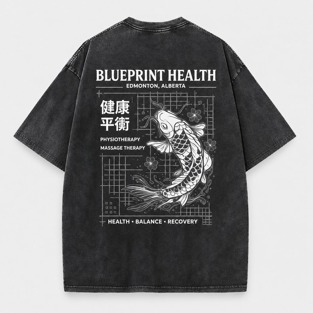 Koi fish back print reading Health, balance, recovery