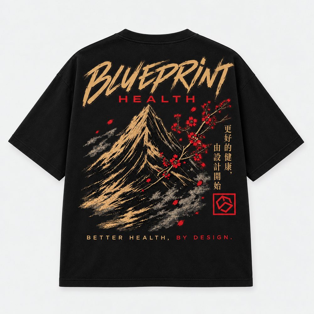 Black Blueprint Health oversized tee with mountain and blossom back print