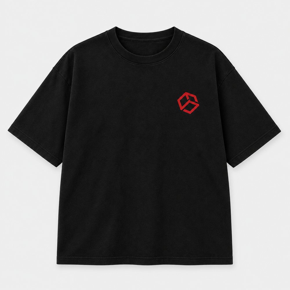 Black oversized tee with red Blueprint monogram on the chest